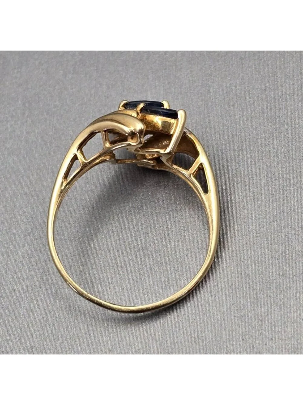 10k Gold Ring Size 7 3 Marquise Sapphire & 2 Diamond Accents Signed Cardow - Picture 4 of 16